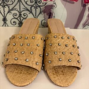 Loeffler Randall Raffia Crystal Studded Resort Mule Sandals - Size 8.5